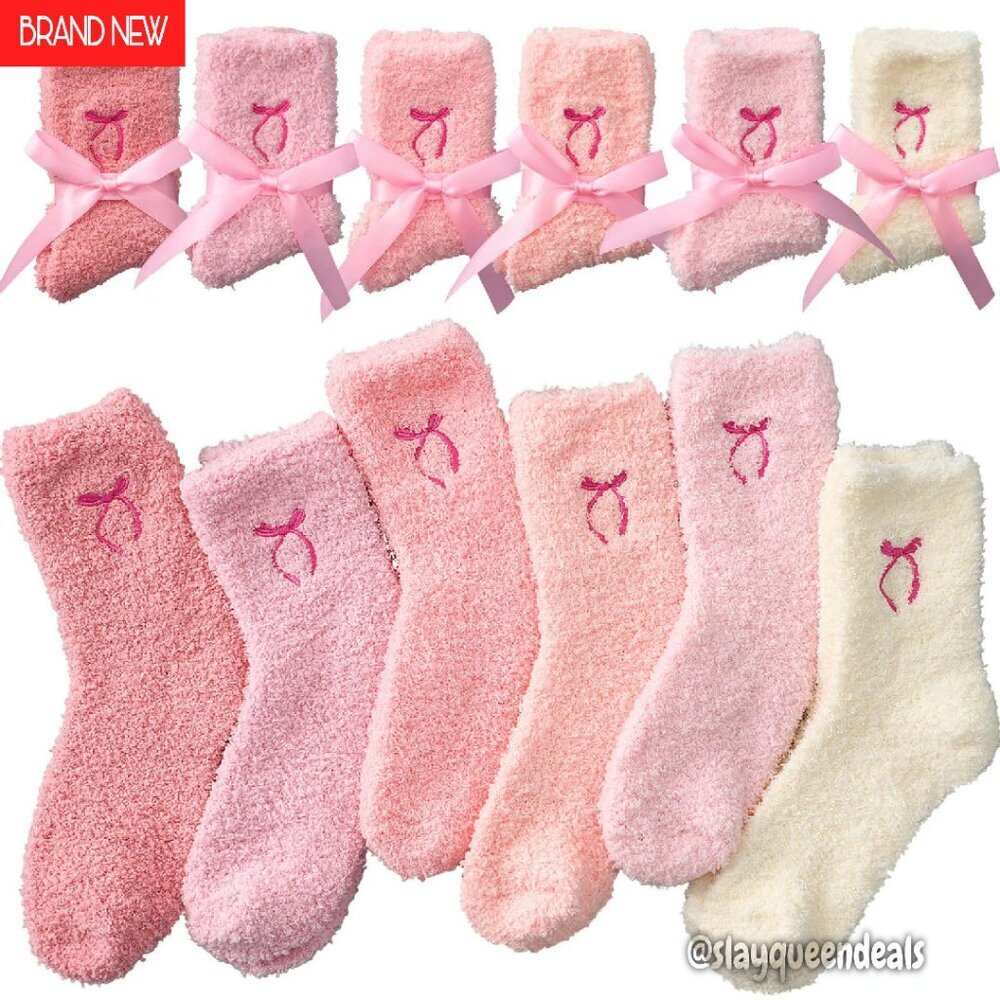 12 Pairs Women's Fuzzy Bow Socks Winter Warm Fluffy Slipper Sleeping